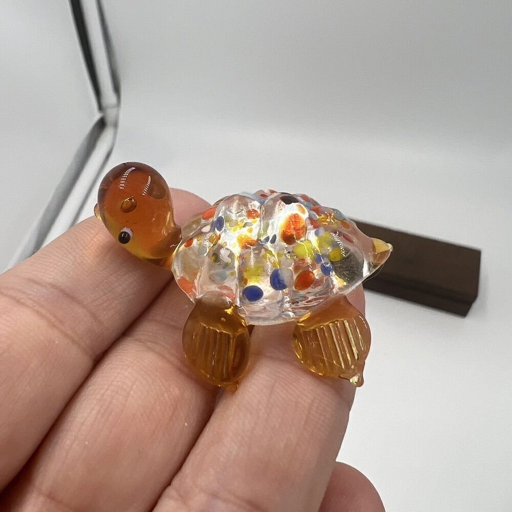 MINIATURE Art GLASS Amber Turtle FIGURINE Multicolor Tiny Collectible Trinket